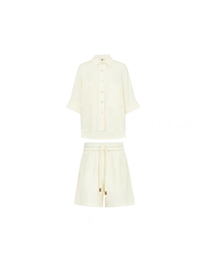 Cotton Large Pocket Shirt With Elastic Waist And Wide Leg Shorts