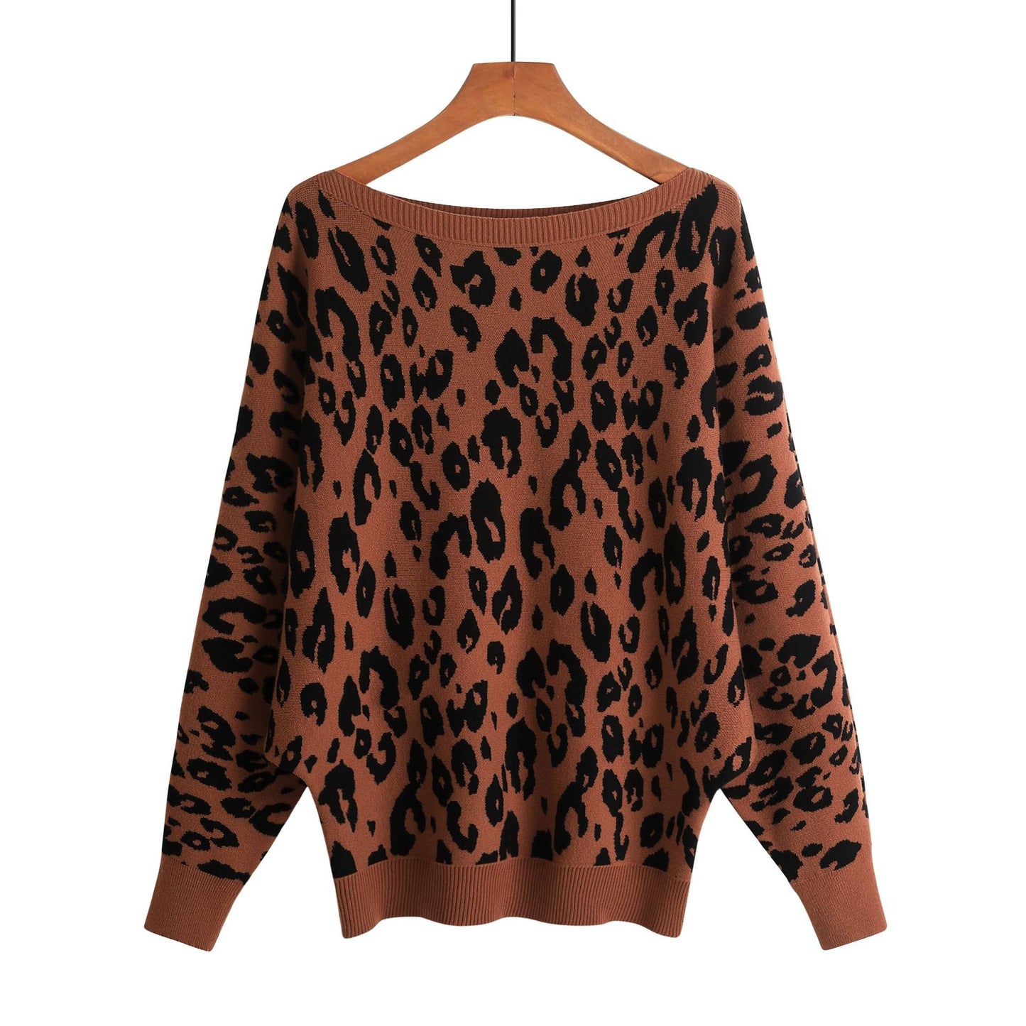 Off-the-shoulder Collar Loose-fitting Batwing Sleeve Shirt Jacquard Heavy Industry Leopard Print Sweater