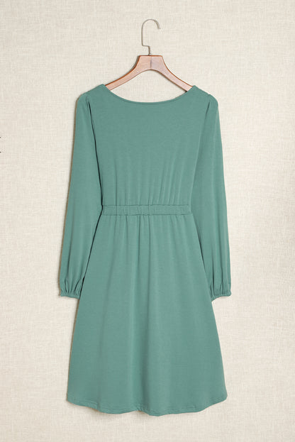 Green Button Up High Waist Long Sleeve Dress