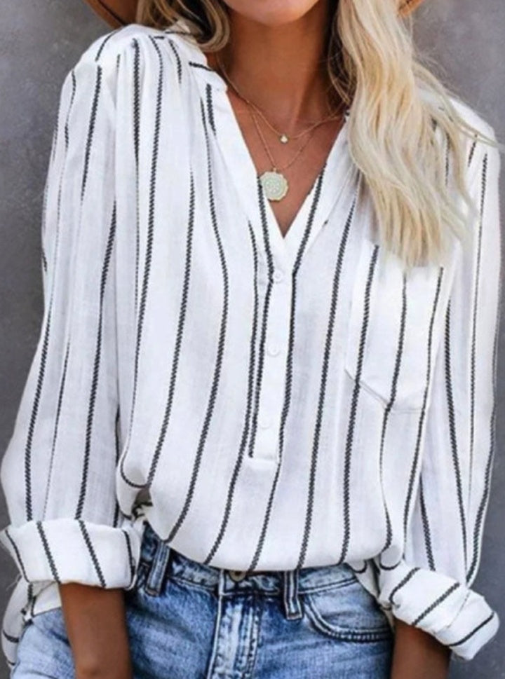 Camisa a rayas con cuello en V para mujer