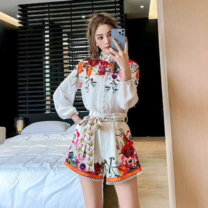 Printed Lantern Sleeve Shirt High Waist Wide Leg Slimming Shorts