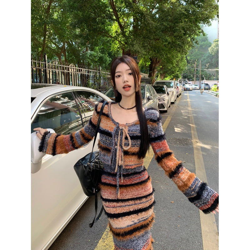 Wear Gradient Cardigan Sweater Coat Women's Long Knit Halter Dress Fashion Suit