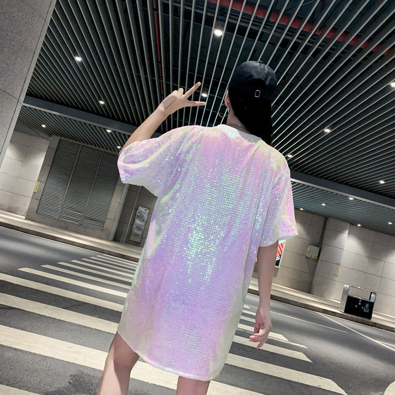 Summer New Plus Size Women's Loose Beaded Sequined T-shirt Dress