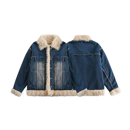 Blue Denim Fur Collar Coat Women's Retro Cotton