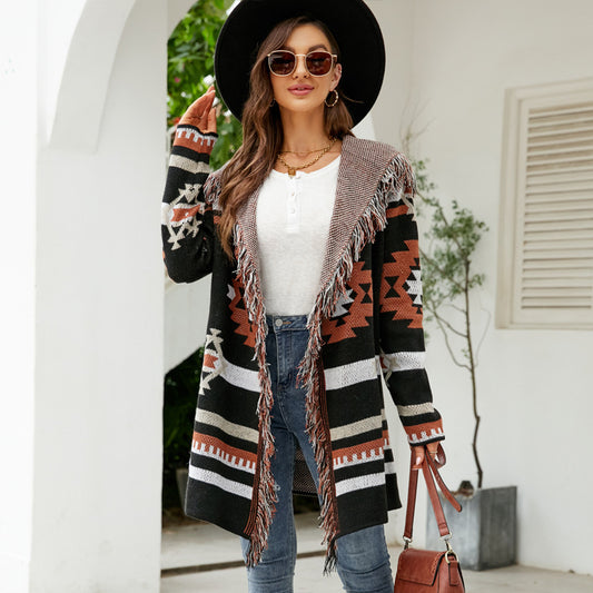 Loose Hooded Tassel Geometric Brocade Sweater