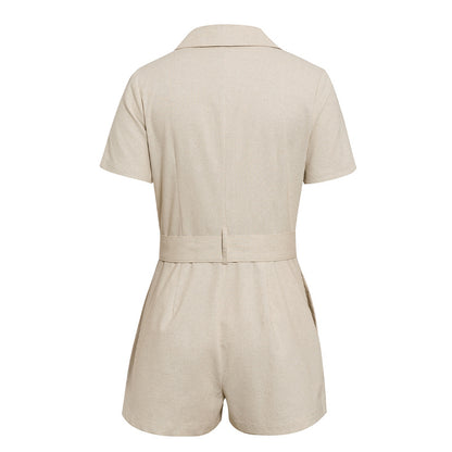 Casual Style Button Short-sleeved One-piece Suit With Collar And Belt Short Jumpsuit