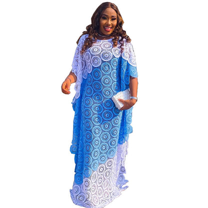 Plus Size Embroidered Lace Loose Multicolor Bat Sleeve Gown Dress