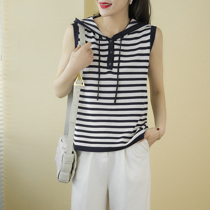 Striped Sleeveless Hooded Vest Women's Hooded Mercerized Cotton Short Sleeves