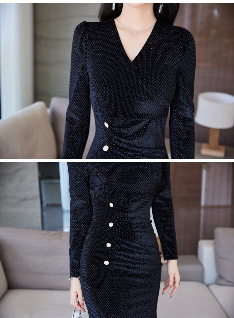 Long Sleeve Temperament Waist-controlled V-neck Mid-length Slim-fit Slimming Dress