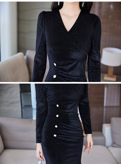 Long Sleeve Temperament Waist-controlled V-neck Mid-length Slim-fit Slimming Dress