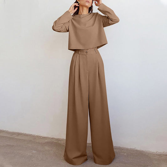 Brown Fashionable Korean Style Long Sleeve Pure Color Cotton Two-piece Set