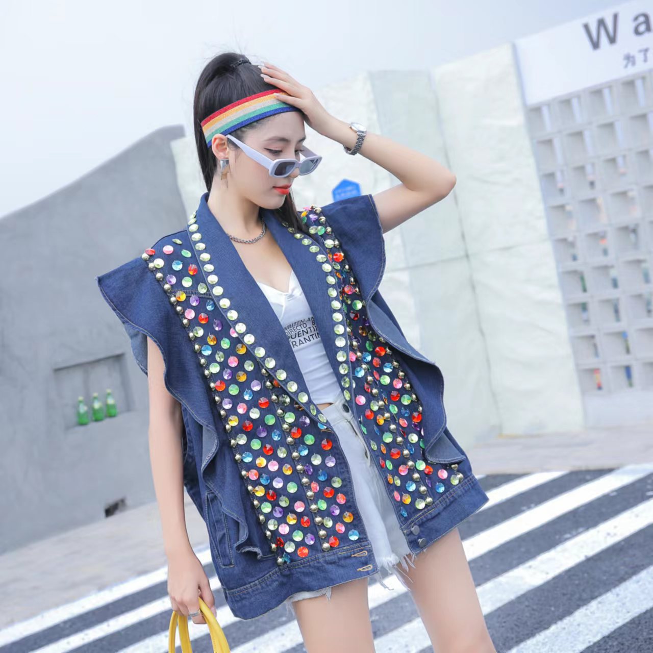 Heavy Duty Diamond Studded Denim Vest With Wooden Ear Edge