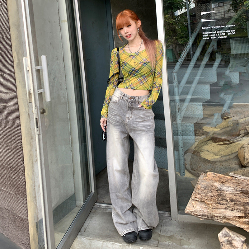 Women's Corrugated Retro Nostalgic Loose Wide Leg Denim Trousers