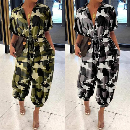 Combinaison ample camouflage à manches courtes pour femmes, taille haute décontractée, revers