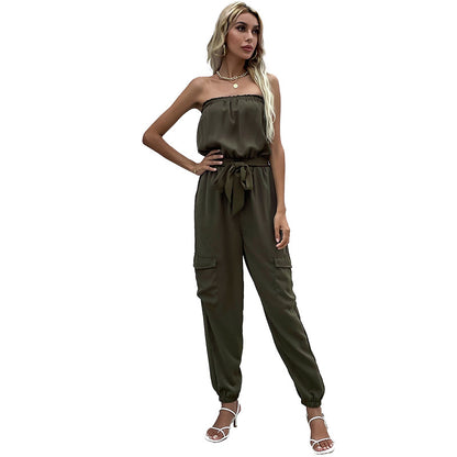 Women's New Green One-piece Collar Jumpsuit