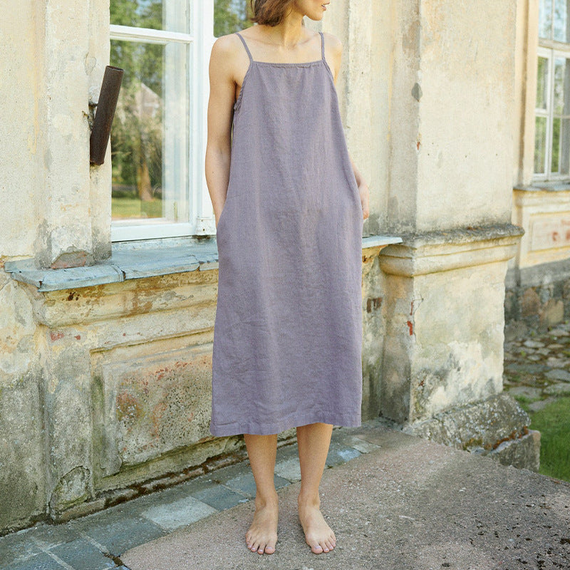 Sling Dress Summer Basic Style Versatile Cotton And Linen Split Mid-length