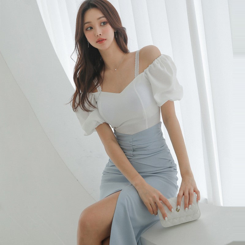 Off-shoulder Hip Skirt Waist Slit Two-piece Set