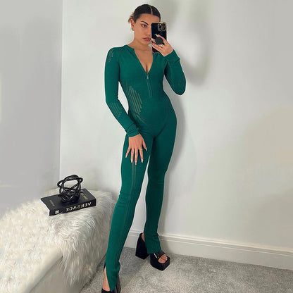 Fashion Versatile Striped Knit Long Sleeve Jumpsuit Women