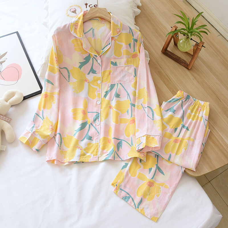 Women's Thin Two Piece Long Sleeve Cotton Silk Pajamas