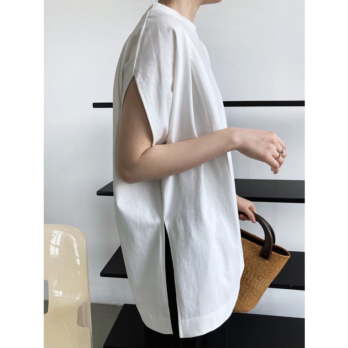 Round Neck Loose Solid Color Simple Dropped Shoulder Sleeve Short-sleeved T-shirt