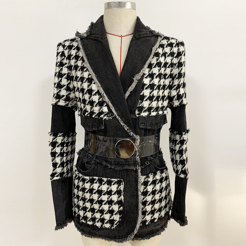 Fashion Trend Tweed Houndstooth Denim Stitching West Assembly Belt