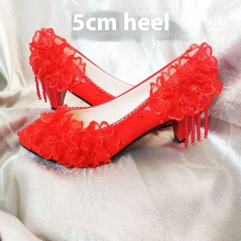 Male Lace High-heeled Shoes Korean Style, Flower Rhinestone Tassel Bride