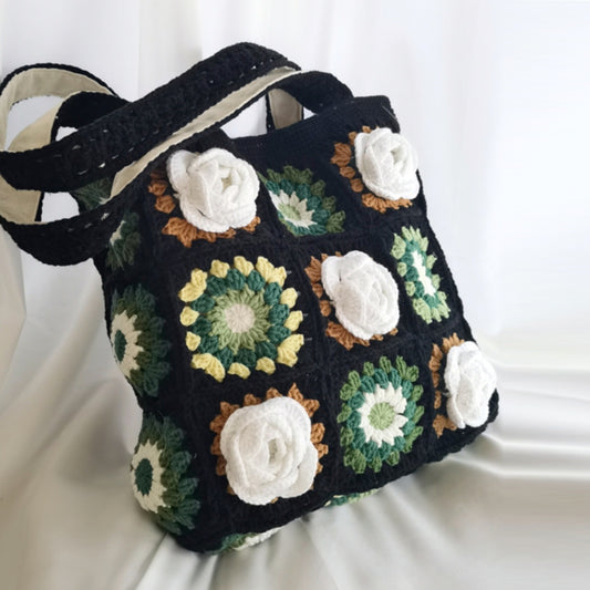 Bolso de hombro profesional de lana tejida a mano con flores de alta gama