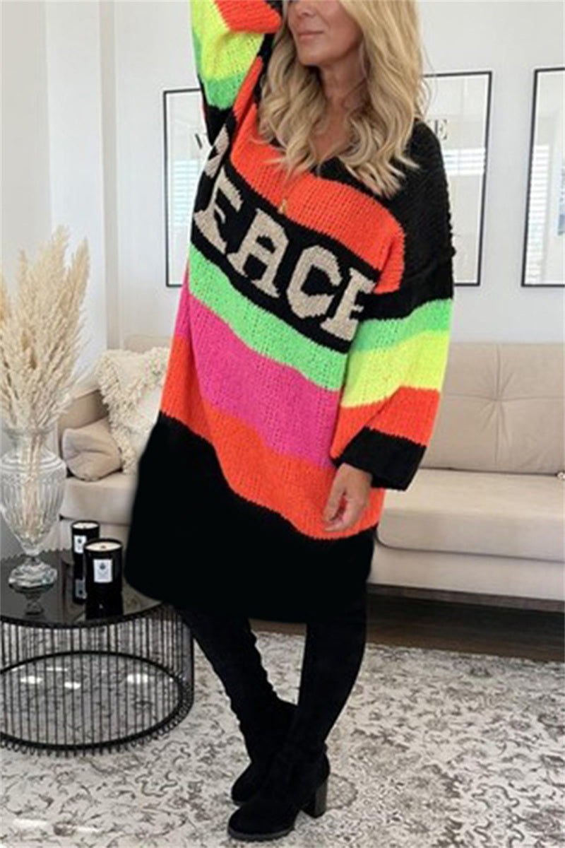 Women's Fashion Casual Rainbow Striped V-neck Loose Knitted Sweater