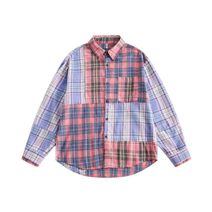 Spring Japanese Style Trend Plaid Stitching Shirt