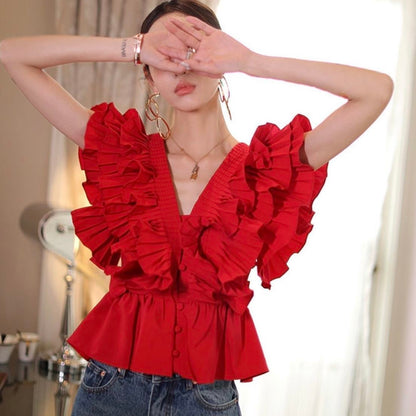 Ruffled V-neck French Shirt Women Retro Pleated Waist Slim Sleeveless Top