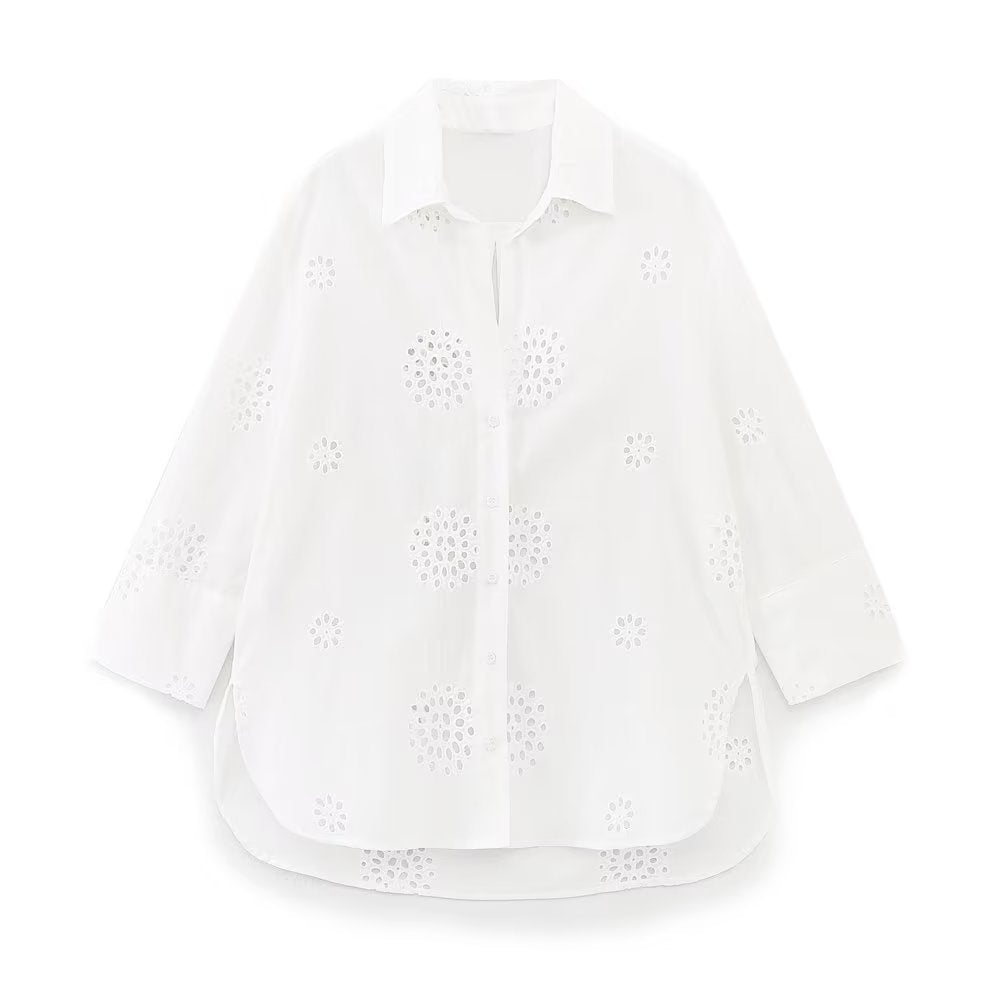 Women's Lapel Embroidery Solid Color Loose Shirt