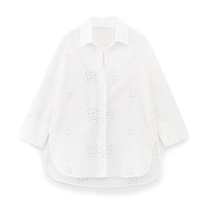 Women's Lapel Embroidery Solid Color Loose Shirt