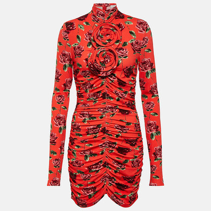 Long Sleeve Printed Pleated Mini Dress