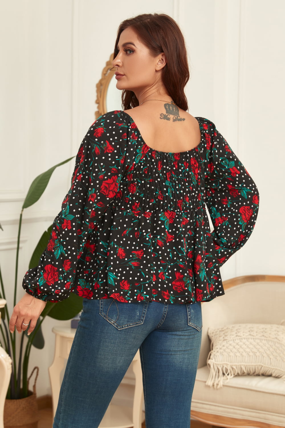 Melo Apparel Blouse florale à manches ballon grande taille