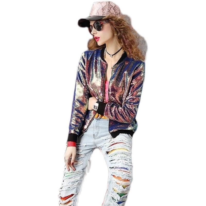 Fashion Stand Collar Tide Brand Zipper Sequin Long Sleeve Jacket Top