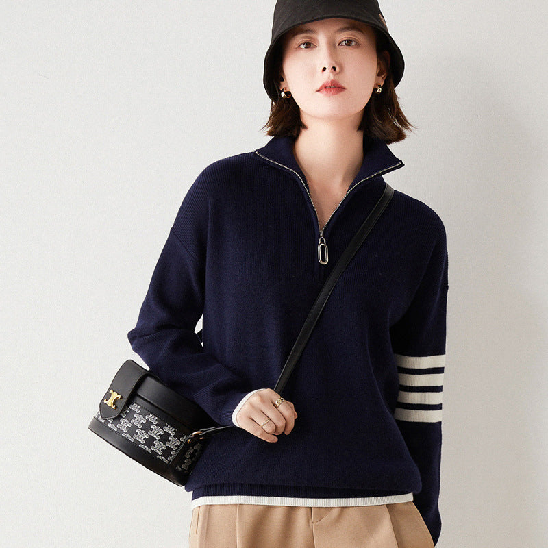 Knit Sweater Women Loose Pullover High Collar 7 Color Block Zipper 7 Coat