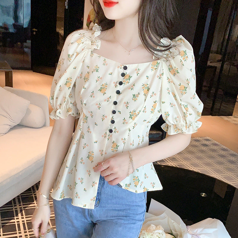 Women's Fashion French V-neck Irregular Floral Shirt