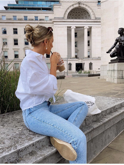 Camisa Blanca Mujer Verano Estilo Perezoso Mangas Largas