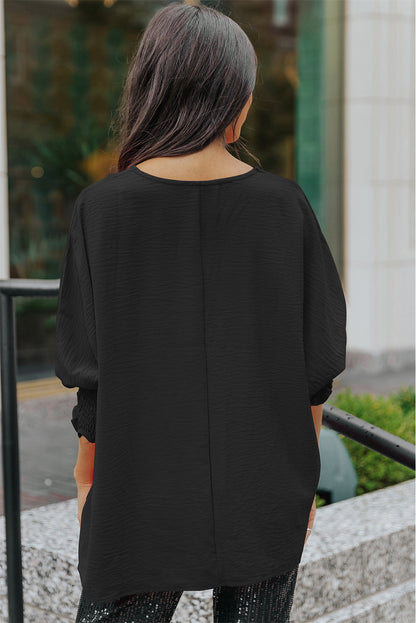 Blusa informal de negocios con manga de murciélago lisa negra para mujer