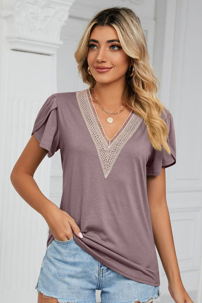 Contrast Trim Petal Sleeve V-Neck Top