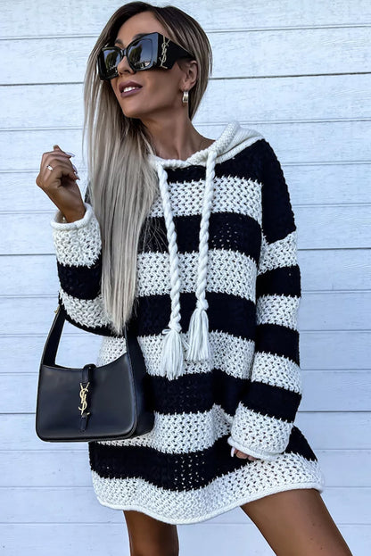 Black Striped Braided Tassel Hooded Sweater Dress