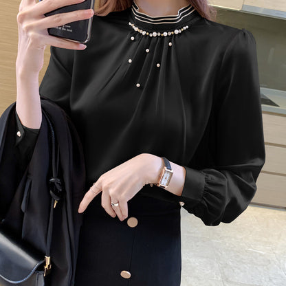 Chiffon Shirt Women's Top Stand Collar Beaded Shirt Loose