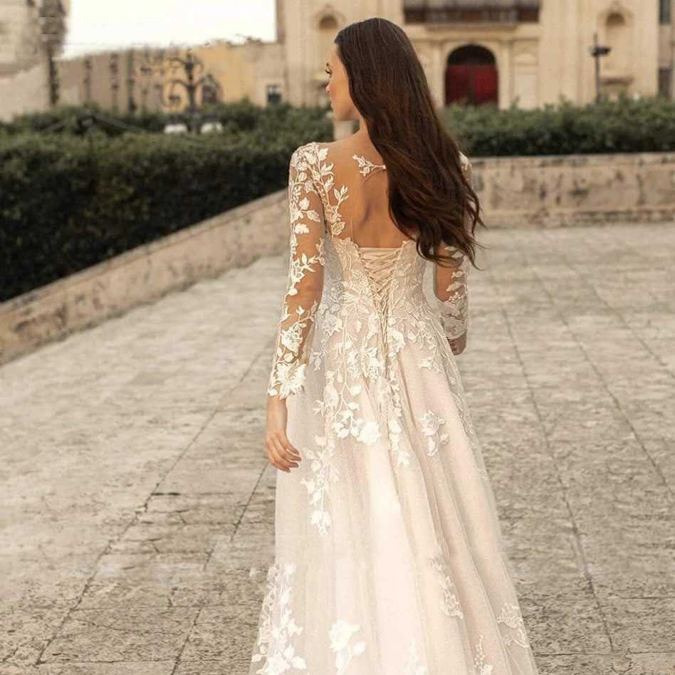 Vestido de novia de manga larga Estilo Mori Nupcial Cuello redondo simple