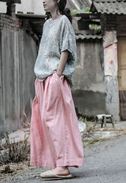 Stylish And Personalized Design Cotton And Linen Loose Big Leg Trousers Retro Elastic Waist