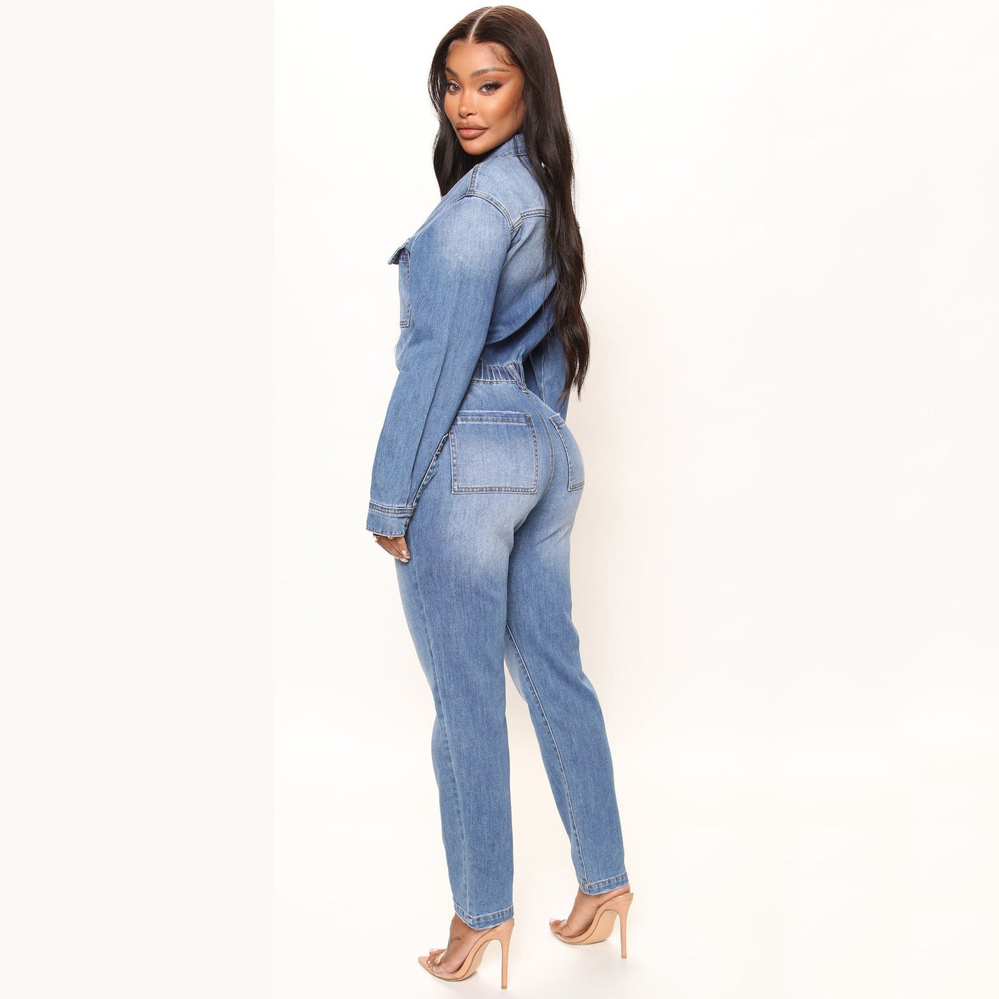 New European And American Slim Waist Washing Long Sleeve Jumpsuit