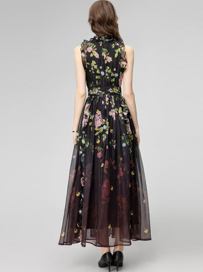 Printed Ruffled Stitching Sleeveless Pleated Chiffon Long Dress