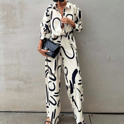 Black And White Printed Long-sleeved Shirt High Waist Wide-leg Pants Two-piece Set