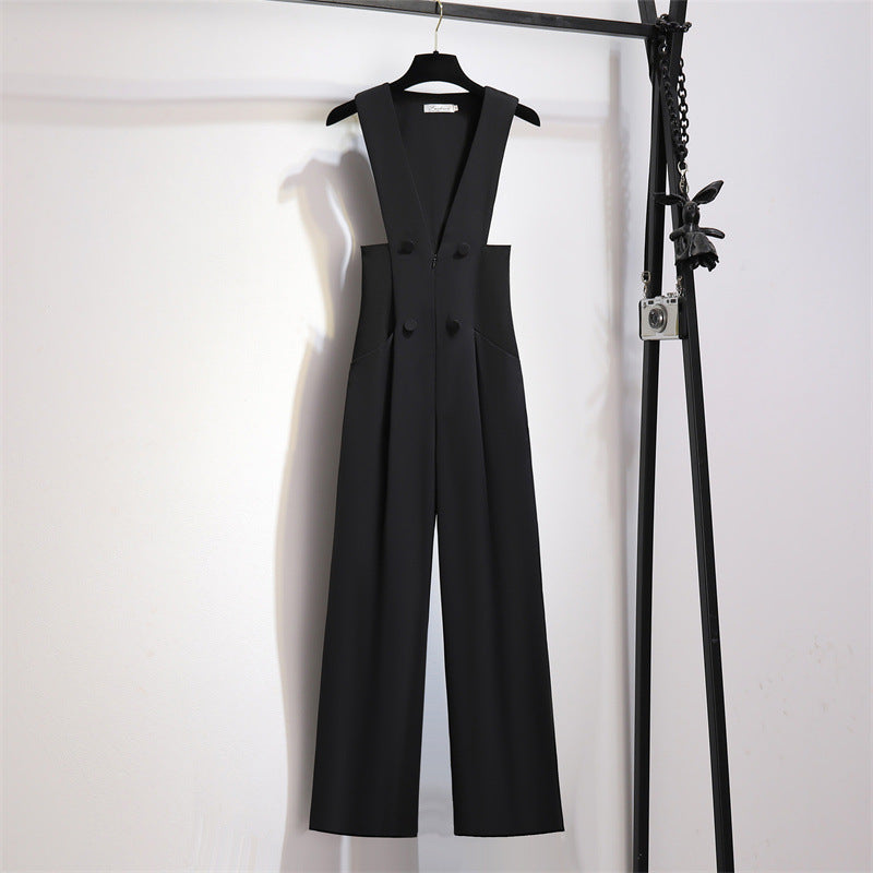 Fashionable Suspender Pants Fitted High Waist Wide-leg Suit Jumpsuit