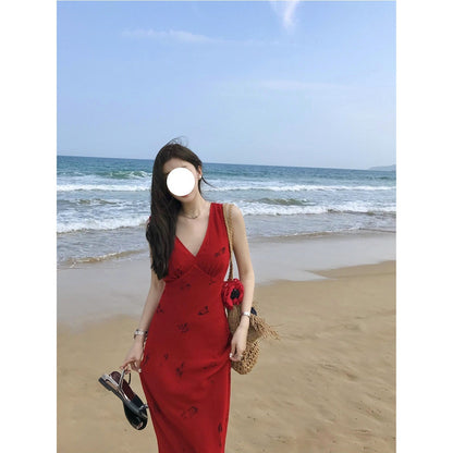 Women's Summer Waist Red V-neck Sling Dress