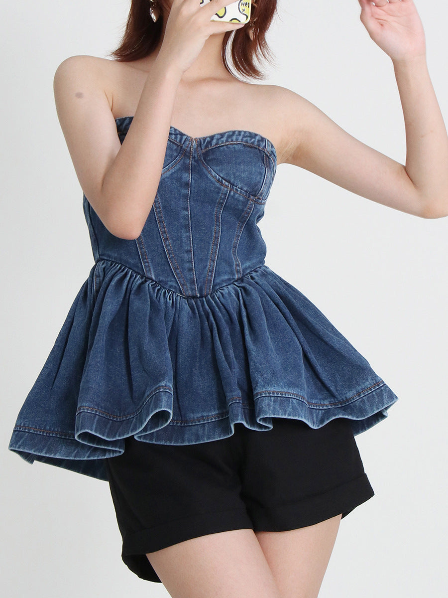 New Design Temperament Denim Bra Wash Ruffle Top Female